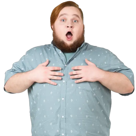 Large jovial man with ginger hair and beard and an expression saying oh my